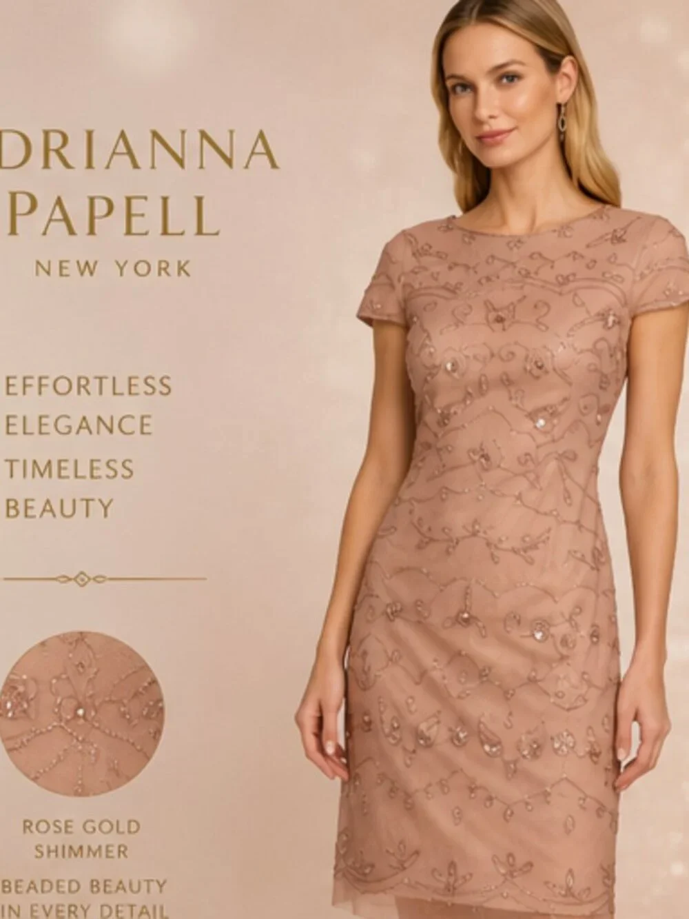 Adrianna Papell Boat-Neck Beaded Midi Dress Rose Gold Size 8 NWT